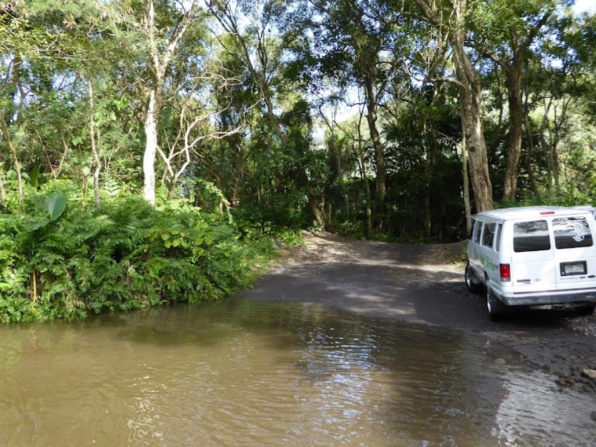 a passenger bus that is parked on the side of a river