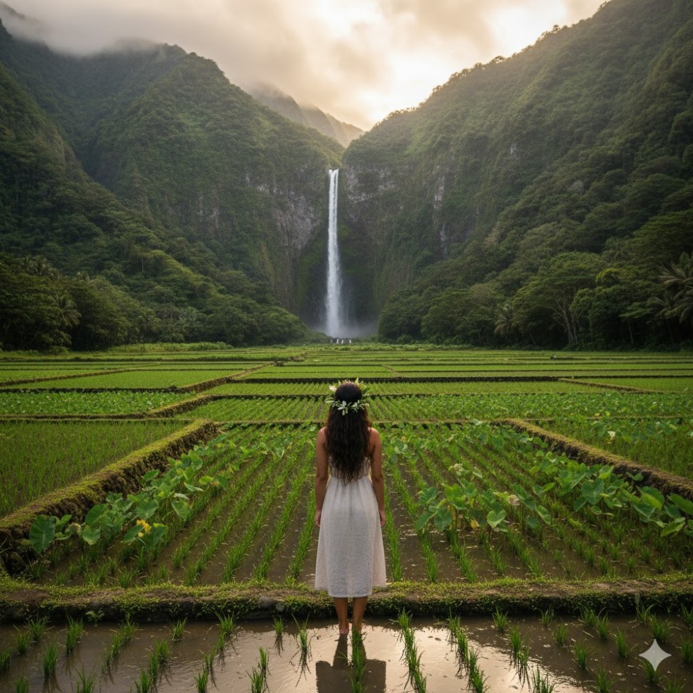 Woman in white dress stands by rice field, facing waterfall between forested mountains.