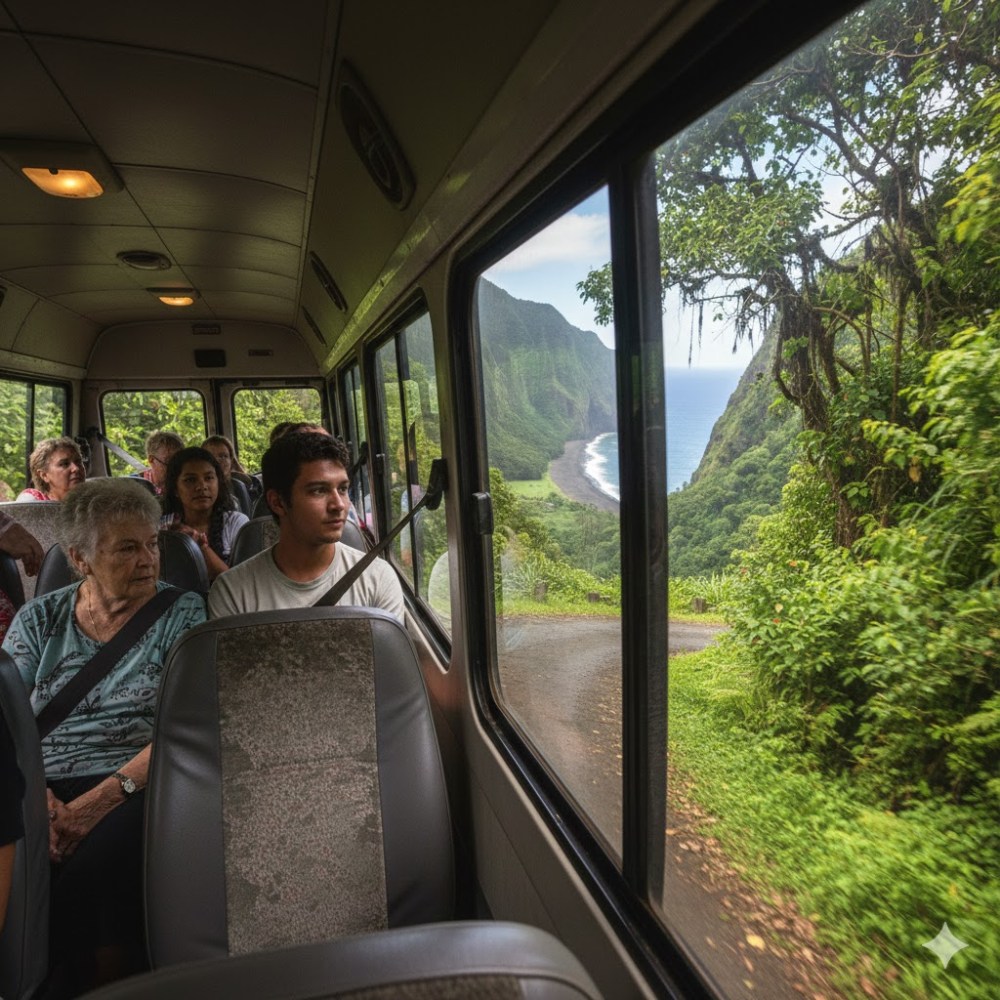 Bus passengers view lush cliffs and ocean through large windows on a scenic coastal road.