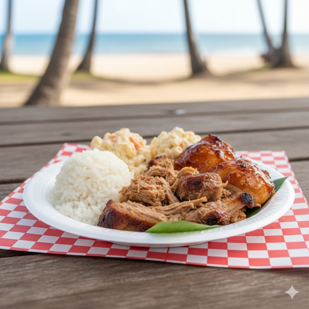 Plate with rice, pulled pork, chicken and salad on a picnic table near a beach.