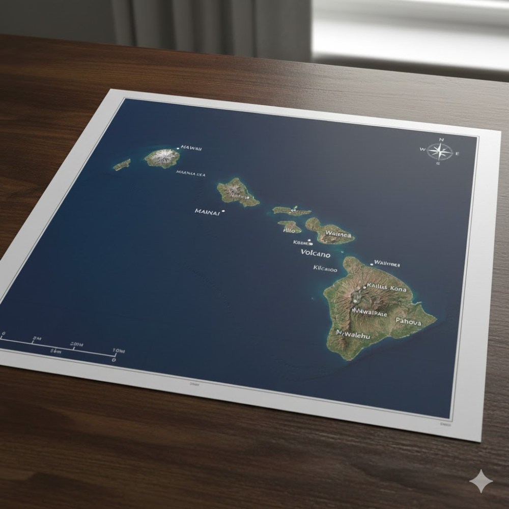 Map of Hawaiian Islands on a wooden table.