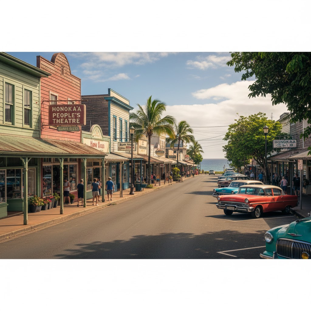 Vintage cars line a quaint street with colorful buildings and palm trees, leading to the ocean horizon. things to do in Honokaa