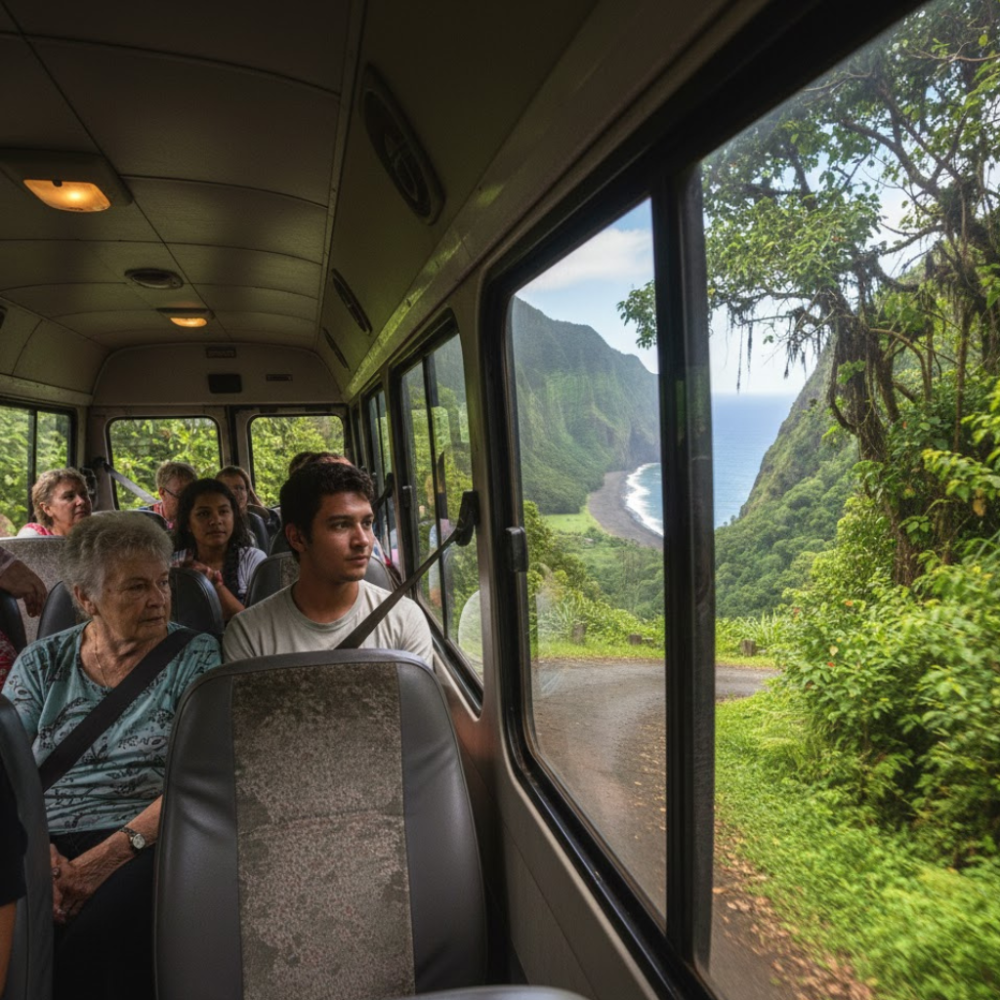 Bus passengers look out at lush coastal landscape through large windows.