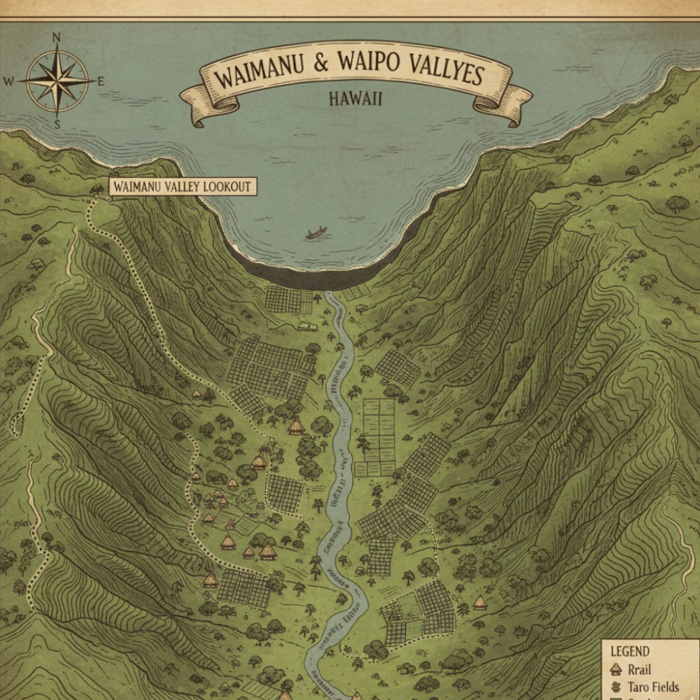 Illustrated map of Waimanu and Waipo valleys in Hawaii, showing trails, taro fields, and lookout point.