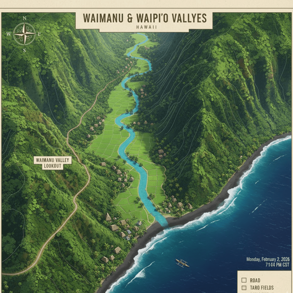 Illustrated map of Waimanu and Waipi'o Valleys in Hawaii with a river, green fields, and coastline.