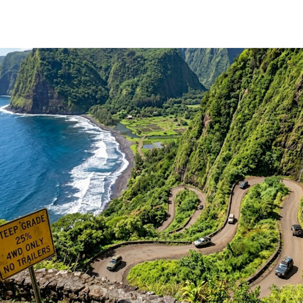 Winding coastal road with steep grade sign, lush cliffs, and ocean view.