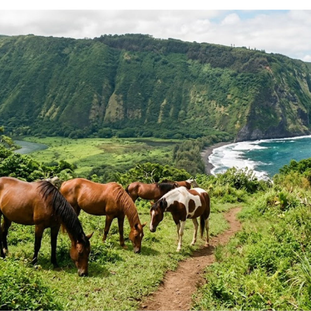 Horses grazing on a lush green hill with a coastal view and steep cliffs.